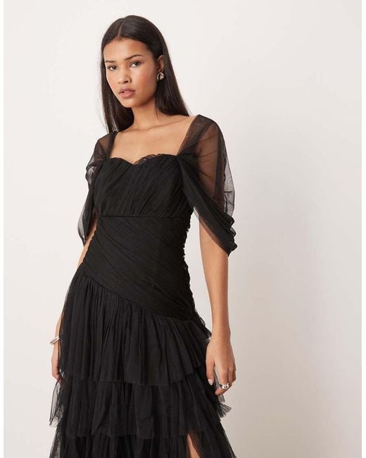 LACE & BEADS Black Asymmetric Ruffle Tulle Maxi Dress