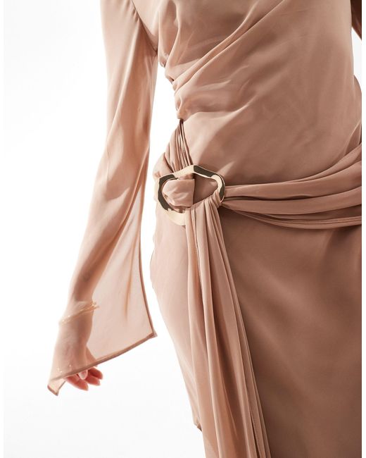 ASOS Natural Slash Neck Chiffon Asymmetric Midi Dress With Liquid Gold Belt Detail