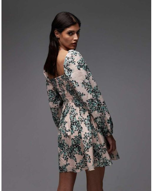 & Other Stories Gray Square Neck Mini Dress With Shirred Bodice And Peep Cut-out Back