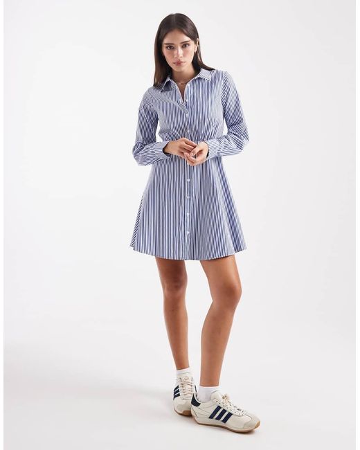 New Look Blue Striped Skater Shirt Mini Dress