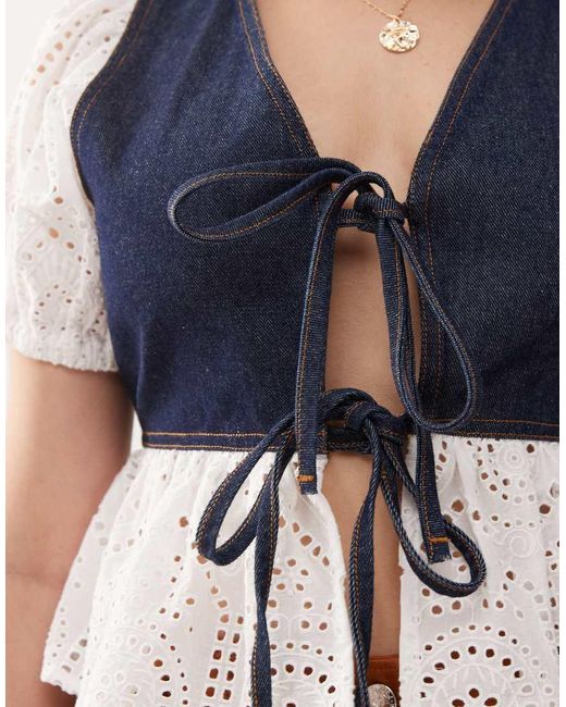 Miss Selfridge Blue Denim Tie Front Broderie Detail Shirt