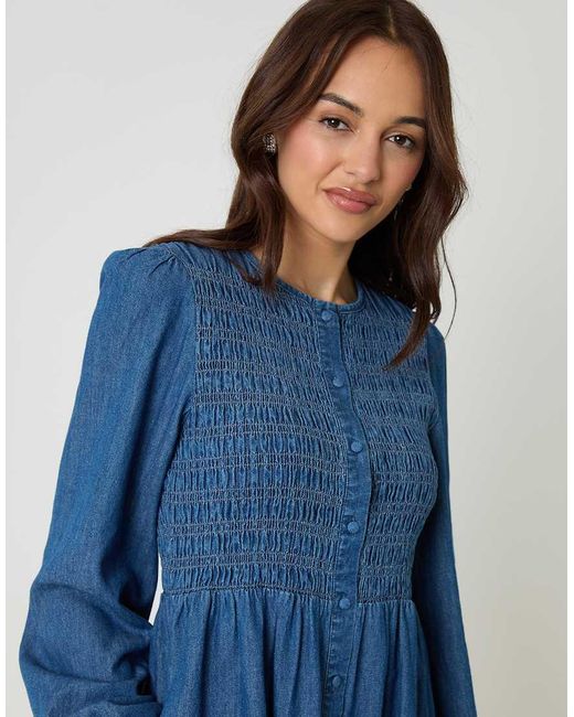 Threadbare Blue Shirred Denim Button Up Mini Dress