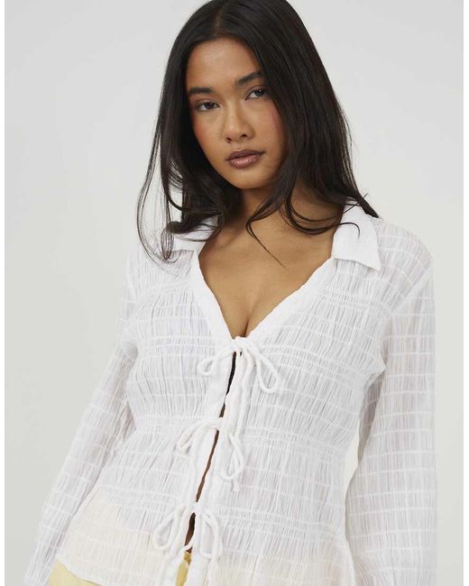 Brave Soul White Long Sleeve Tie Front Smock Top