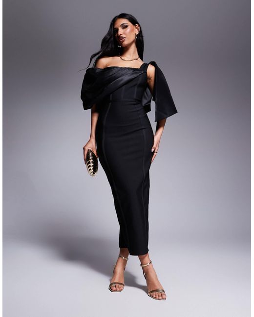 ASOS Black Bandage And Structured Satin Mix Midi Dress
