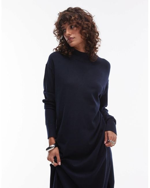 Mango Blue Semi High Neck Long Sleeve Maxi Dress