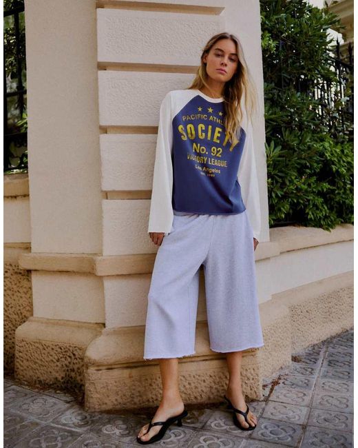 Bershka Blue Long-Sleeve Contrast Print Raglan T-Shirt