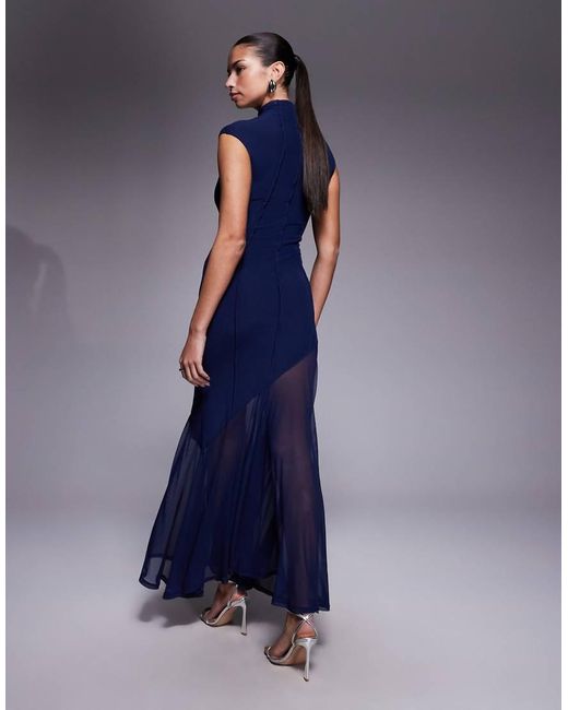 ASOS Blue Mesh High Neck Maxi Dress With Exposed Contour Seam Detail