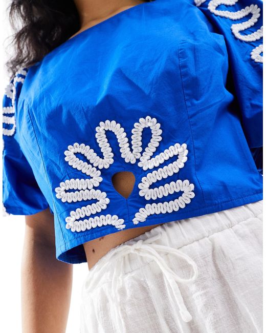 Stradivarius Blue Puff Sleeve Top With Embroidery Detail