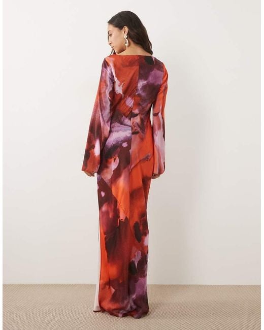 ASOS Pink Satin Maxi Dress With Flute Sleeves