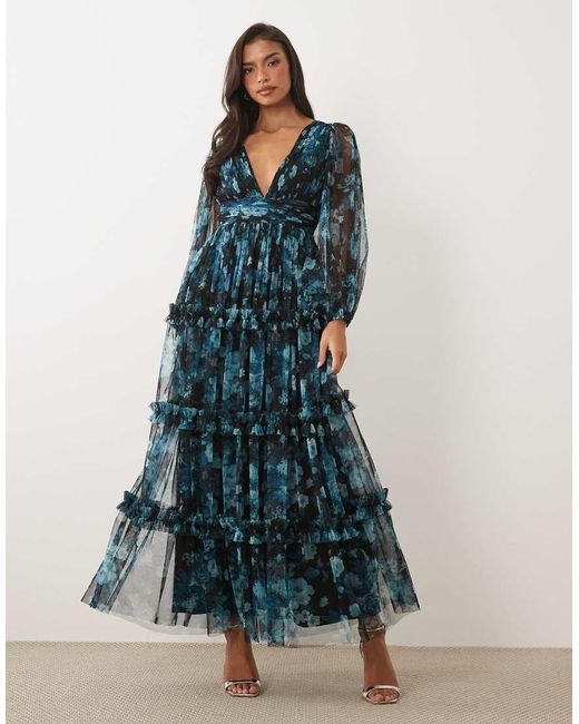 LACE & BEADS Blue Tulle Sheer Balloon Sleeve Plunge Neck Tiered Maxi Dress