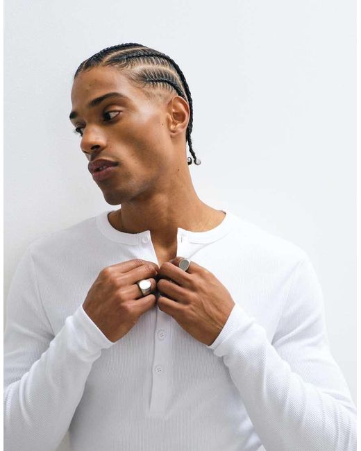 ASOS White Muscle Fit Long Sleeve T-Shirt With Henley Neck for men