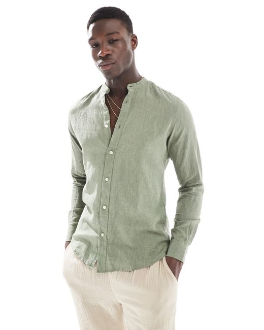 Chemise à col officier en lin mélangé - vert sauge Only & Sons pour homme en coloris Green
