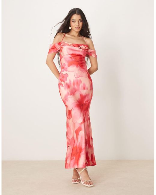 Pretty Lavish Pink Asymmetric Cold Shoulder Slip Maxi Dress