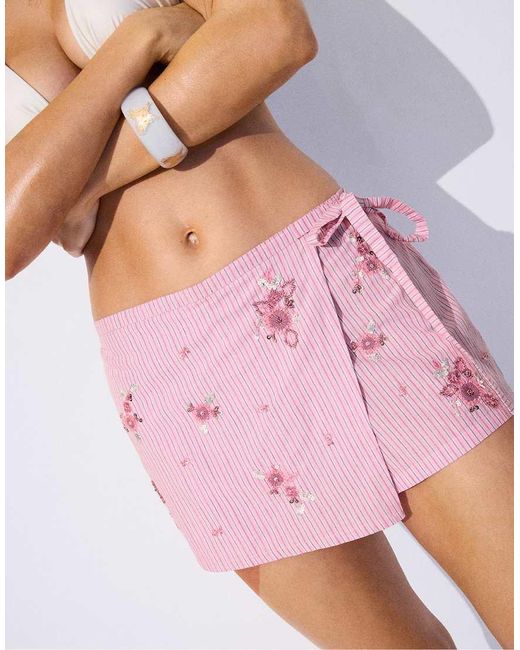 Stradivarius Purple Embroidered Striped Sarong Mini Skort