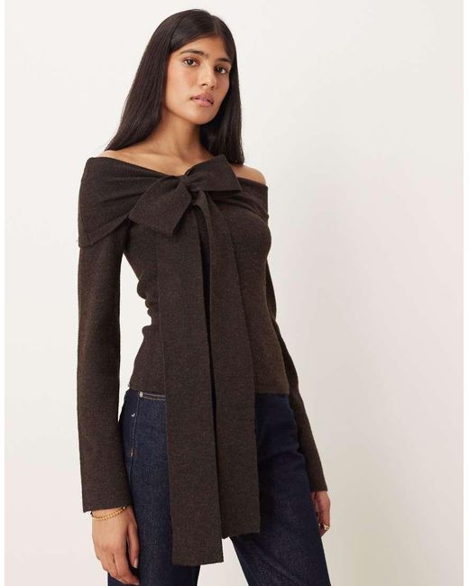Pretty Lavish Black Bardot Bow Knit Top
