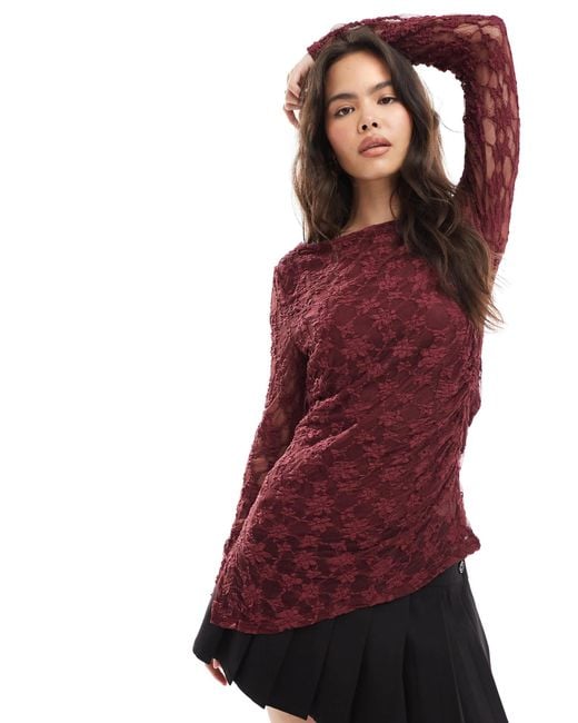 Threadbare Red Lace Long Sleeve Top With Asymmetric Hem