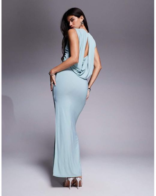 Vestito Lungo Accollato Grigio Con Cut-Out E Scollo Posteriore Ad Anello Asimmetrico di ASOS in Blue