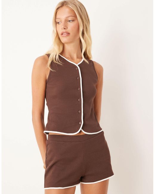 ASOS Brown Co-ord Button Up Top With Contrast Piping