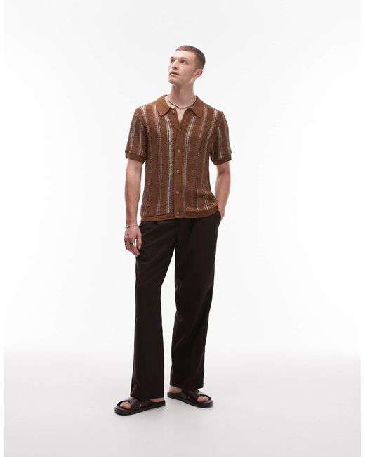 Topman Brown Knitted Viscose Button Through Polo With Metallic Stripe for men