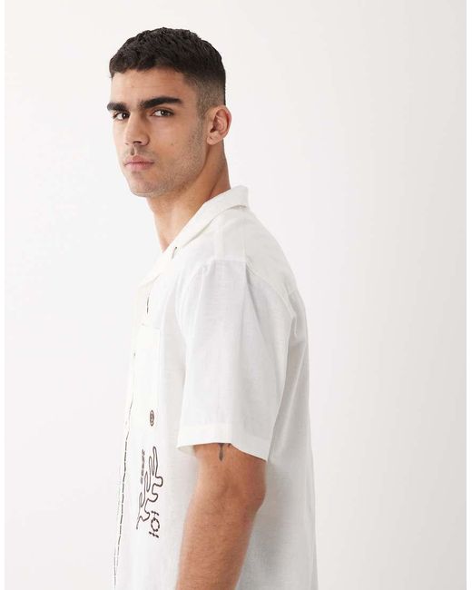ASOS White Relaxed Shirt With Linen And Floral Embroidery for men