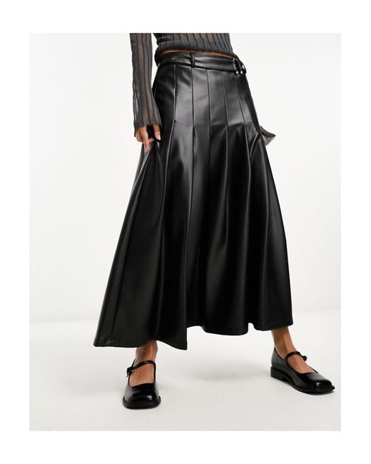 River Island Black Belted Pleat Faux Leather Midi Skirt