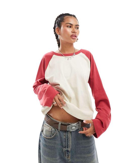 Collusion Red Raglan Long Sleeve Boxy T-Shirt
