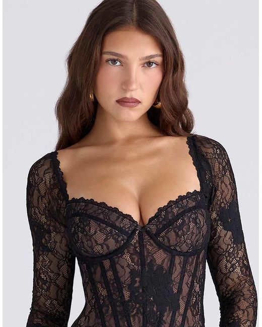 House Of Cb Black Lucienne Stretch Embroidered Floral Lace Mini Dress