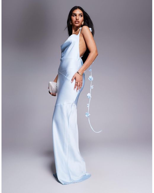Wanderdoll Aria Premium Satin Cowl Neck Flower Drape Detail Maxi Dress in  Blue | Lyst