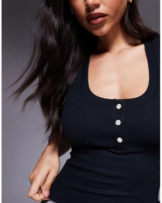 4505 Black Rest Day Ultra Soft Modal Rib Scoop Neck Henley Vest