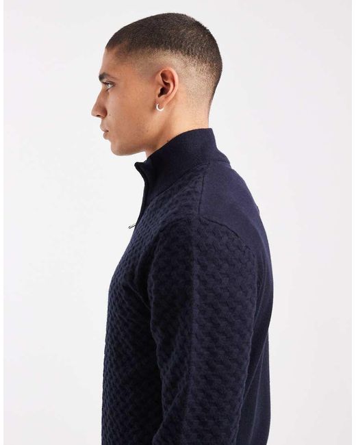 Threadbare Blue Textured 1/4 Zip Knitted Jumper for men
