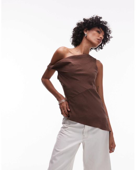 TOPSHOP Brown Super Soft Cupro Twist Detail Assymetric Top
