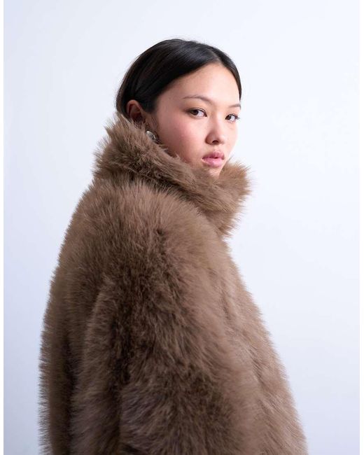 TOPSHOP Brown Faux Fur Funnel Neck Mid Length Coat