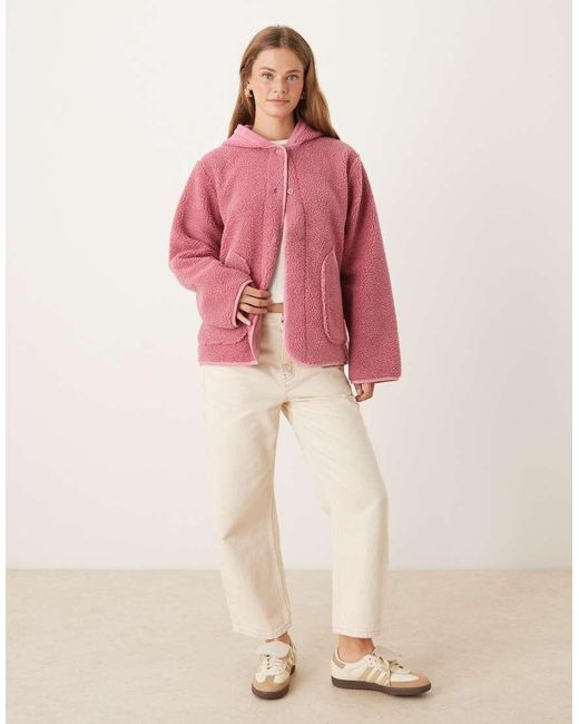 ASOS Pink Hooded Borg Fleece And Knit Mix Jacket