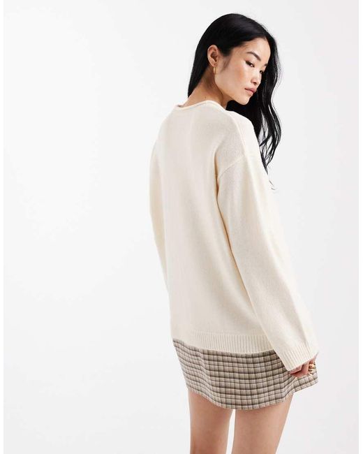 ASOS Natural Knit Sweater Dress With Woven Plaid Hem