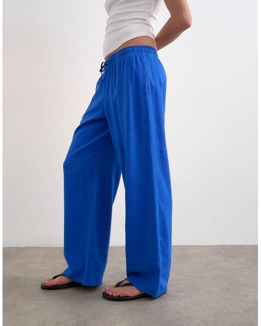 TOPSHOP Blue Linen Straight Leg Trouser With Deep Cuff