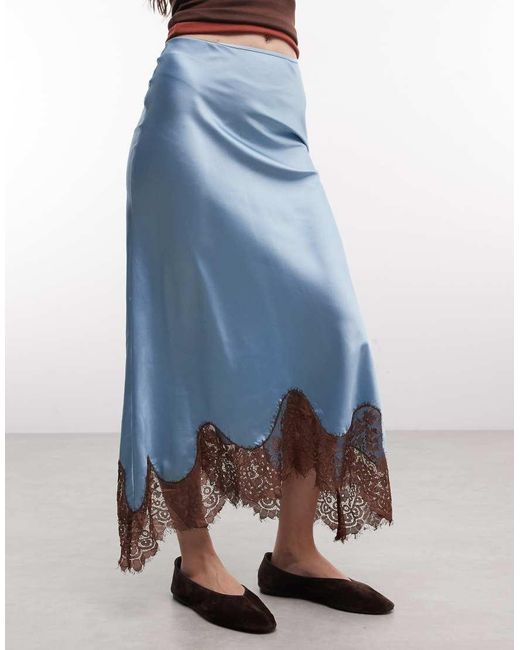 Reclaimed Vintage Blue Asymmetric Skirt With Lace
