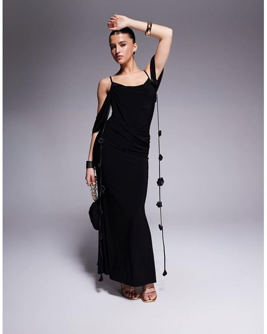 ASOS Blue Draped Bardot Layered Neckline Midi Dress With Flower Trims