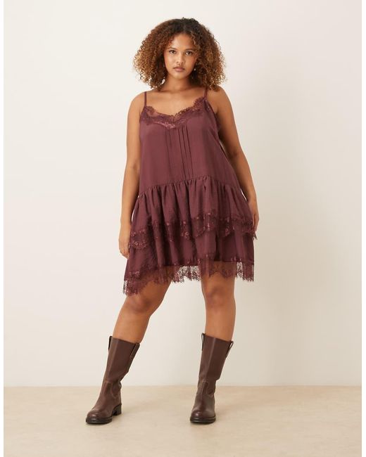 ASOS Purple Asos Design Curve Cami Tiered Ruffle Lace Detail Satin Mini Dress