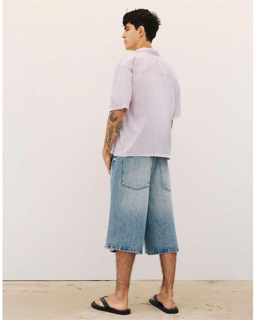 Pull&Bear Purple Striped Short Sleeve Shirt for men