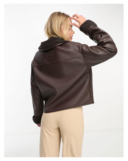 Monki Brown Cropped Faux Leather And Shearling Jacket