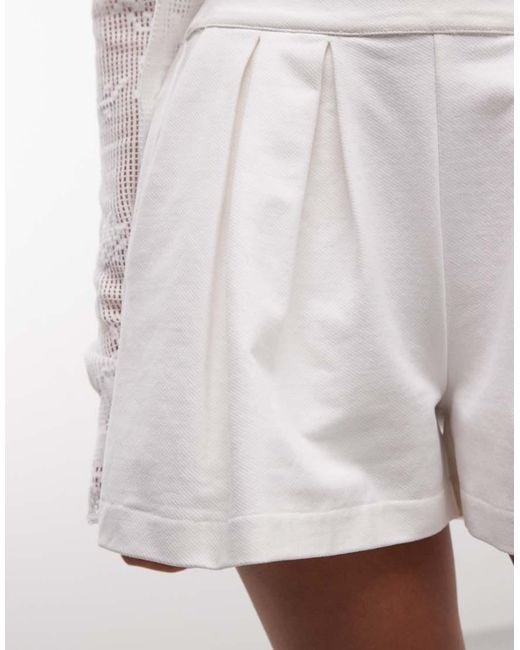 ASOS White Cotton Twill Pleated Shorts