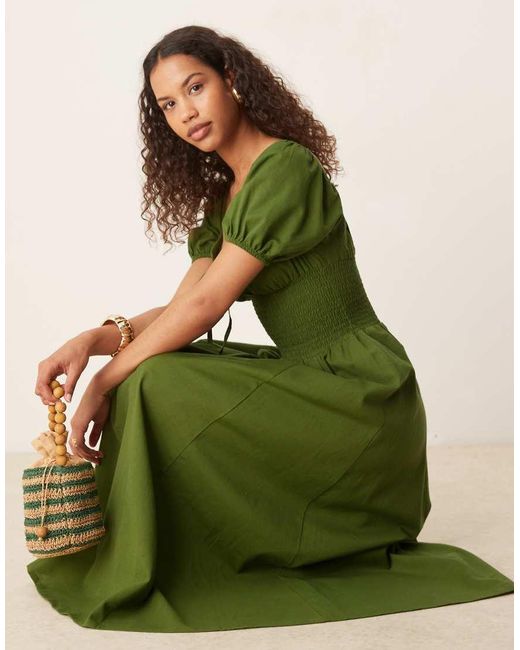 esmé studios Green Esmee Exclusive Puff Sleeve Tie Front Maxi Beach Dress