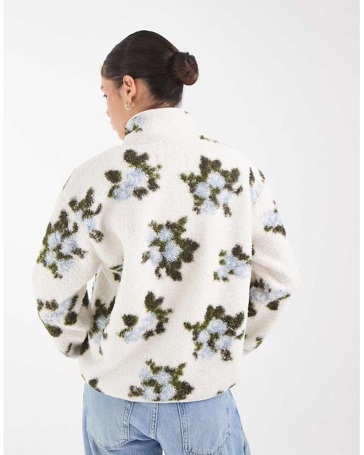 Pieces White Zip Front Floral Print Teddy Jacket