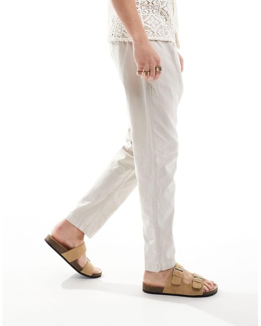 ASOS White Wide Pleated Linen Chino Trousers for men