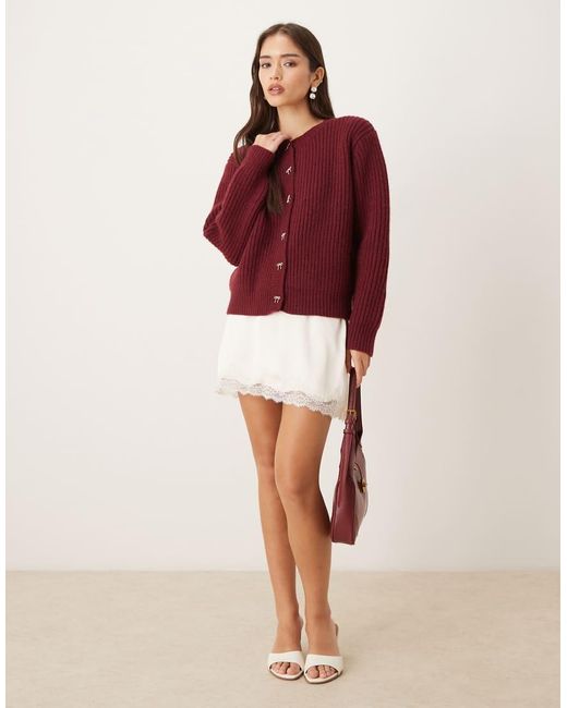 Lovedrobe Red Bow Button Detail Round Neck Cardigan