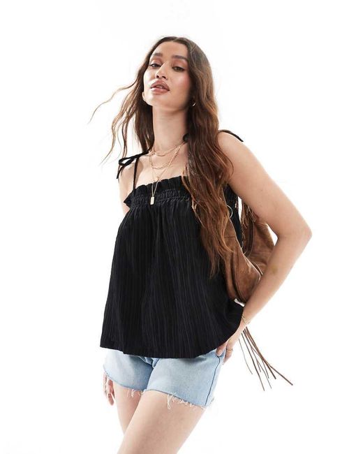 Object Black Shirred Floaty Cami Top With Tie Details