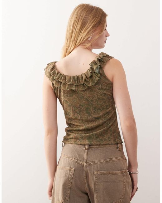 Reclaimed (vintage) Brown Ruffle Detail Mesh Paisley Print Top