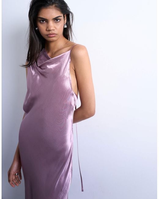 TOPSHOP Purple Ruched Side Midi Dress With Drape Back Detail