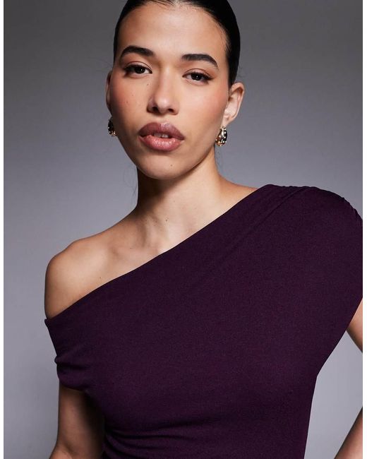 Kaiia Purple Exclusive Textured Mesh Drape Off Shoulder Rara Hem Mini Dress