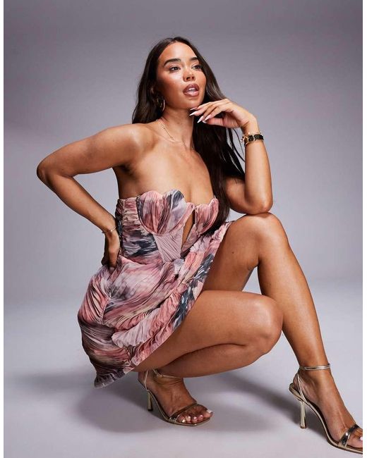 ASOS Gerimpelde Mini-Jurk Met Structuur En Bloemenprint in het Gray